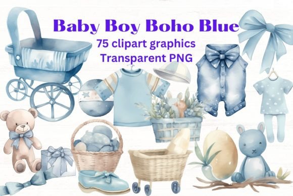 Charming Baby Boy Blue Boho Nursery Birth Clipart for Your Projects