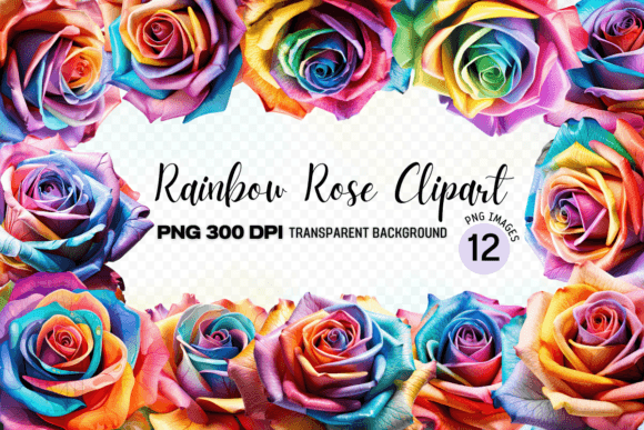 Rainbow Rose Clipart Bundle: Vibrant PNGs for Creative Projects